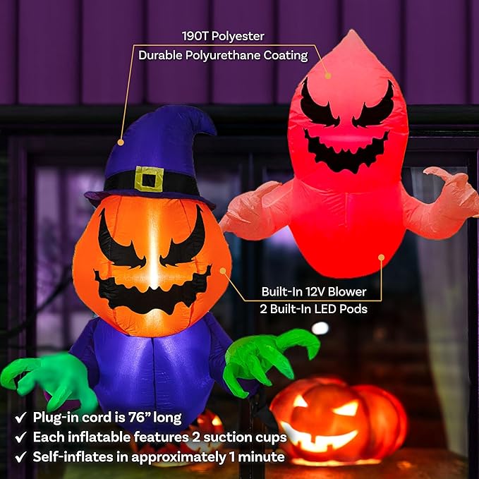 Sunnydaze Pumpkin Jack and Haunted Harold Inflatable Halloween Decoration for Window with Lights - Indoor or Outdoor Use
