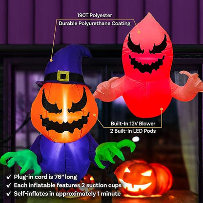 Sunnydaze Pumpkin Jack and Haunted Harold Inflatable Halloween Decoration for Window with Lights - Indoor or Outdoor Use