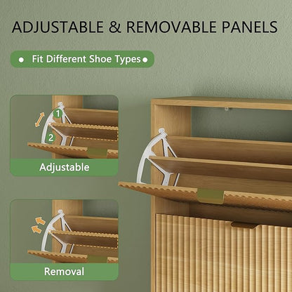Shoe Cabinet with 2 Flip Drawers, 37" Tall Narrow Fluted Shoe Storage Organizer for Entryway, Hidden Slim Wooden Shoe Rack Cabinet for Front Door Entrance, Hallway, Living Room, Natural Oak