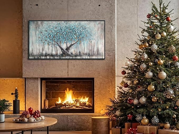 Arjun Framed Blue Tree Canvas Wall Art for Living Room Tree of Life Abstract Bedroom Textured Painting, Nature Picture Panoramic Landscape Artwork Home Office Decor, Black Wood Large 48"x24"