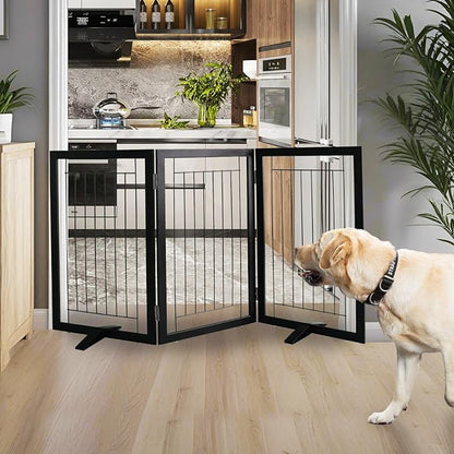ZJSF Freestanding Dog Gate Indoor, Foldable Dog Fence for Doorways,Hallways or Stairs, Sturdy Wood Extra Wide Pet Gate with Support Feet,Black,32 "Height-3 Panels