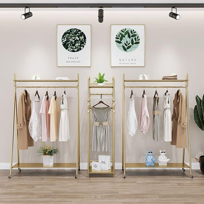 MAIKAILUN Freestanding Industrial Gold Clothes Rack with Double Shelves, Heavy Duty Movable Coat Rack for Organizing Clothes and Shoes (47'' L)