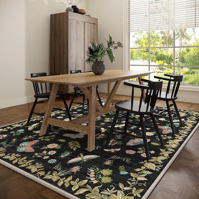 Machine Washable Rug for Living Room: 9x12 Area Rugs Vintage Bedroom Rug Stain Resistant Non Slip Low Pile Soft Carpet for Bedroom Kitchen Dining Room Nursery Kids Room Farmhouse Home Office