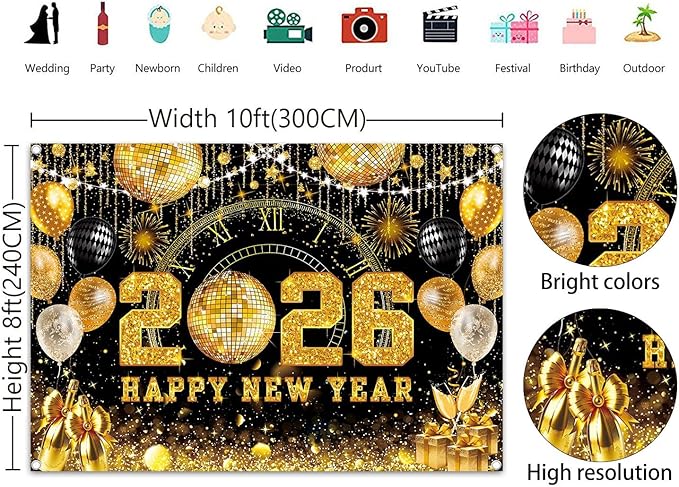 Happy New Year 2026 Black Gold Backdrop 2026 New Year Eve Countdown Photo Background Cheer to 2026 Party Decoration Banner Photo Supplies (Gold, 120x96inch (10x8FT))
