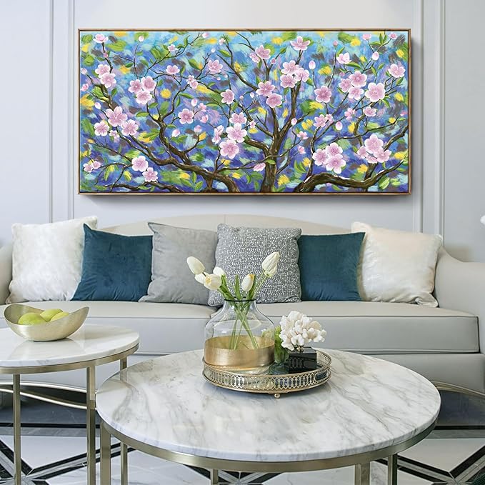 ARTZON Oversized Framed Wall Art for Living Room Large Pink Cherry Blossom Landscape Artwork Abstract Flower Tree of Life Floral Canvas Print Rustic Nature Horizontal Picture Bedroom Office 58"x29"