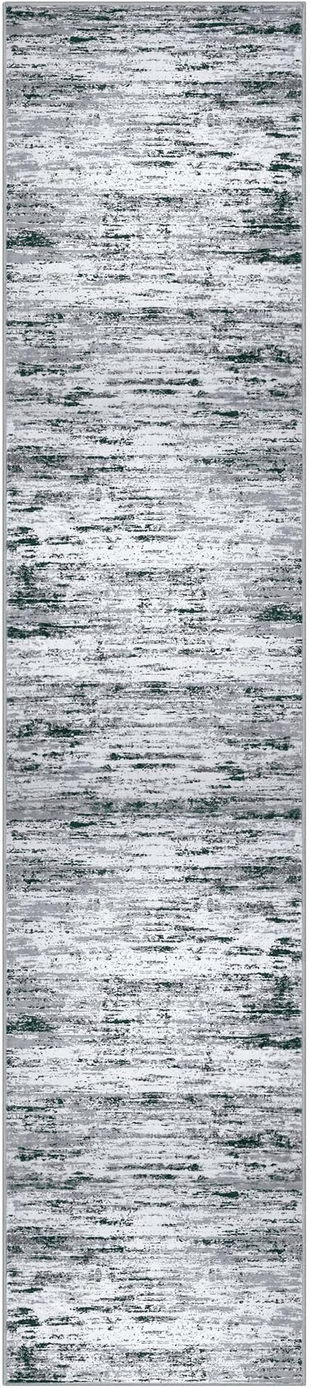 Modern Abstract Runner Rug 2.6x12, Black Grey White Washable Long Kitchen Runner Non-Slip Soft Hallway Rug Runner Thin Print Faux Wool Carpet for Entryway Bedroom Laundry Room Indoor Home Decor