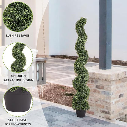 THE BLOOM TIMES 5ft Tall Spiral Topiary Trees Artificial Outdoor Set of 2, UV Resistant Large Faux Evergreen Fake Boxwood Plants for Front Porch Outside Planter Entryway Entrance Decor 5 Foot