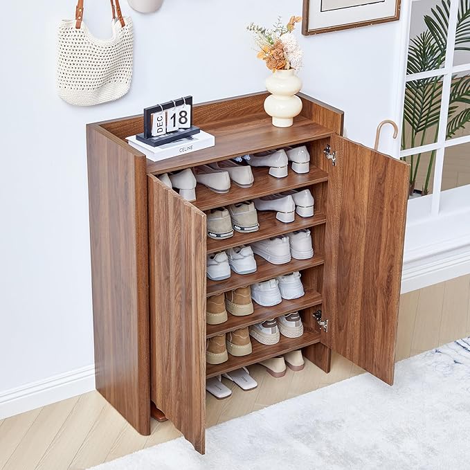 Fluted Shoe Cabinet, 5-Tier Shoe Storage Cabinet with Doors,Freestanding Hidden Shoe Cabinet Organizer, Narrow Shoes Storage Rack for Entryway (Walnut)