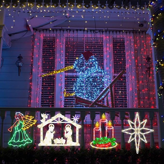 16" Christmas Window Silhouette Lights - 6 Pack Colour Lighted Bell & Candy Cane & Candle & Nativity & Bethlehem Star & Reindeer for Holiday Indoor and Outdoor Wall Door Window Decorate