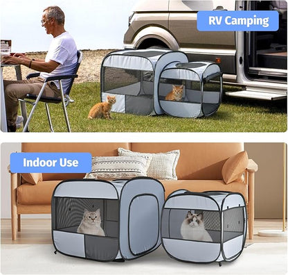 EighteenTek 2-in-1 Portable Cat Playpen, Detachable into 2 Separate Cages with Additional 2 Doors, Pop up Pet Play Pen Cat Tent House, Foldable Puppy Enclosure Kitten Crates Indoors Outdoor(Grey)