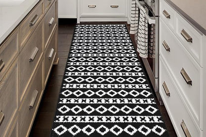 20 Ft Extra Long Non-Slip Black-White Hallway Kitchen Runner Rug, 2'7" X 20' Washable Carpet - Rubber Backed, Custom Size Floor Mat for Entryway Stairs Bedroom Bathroom Mudroom