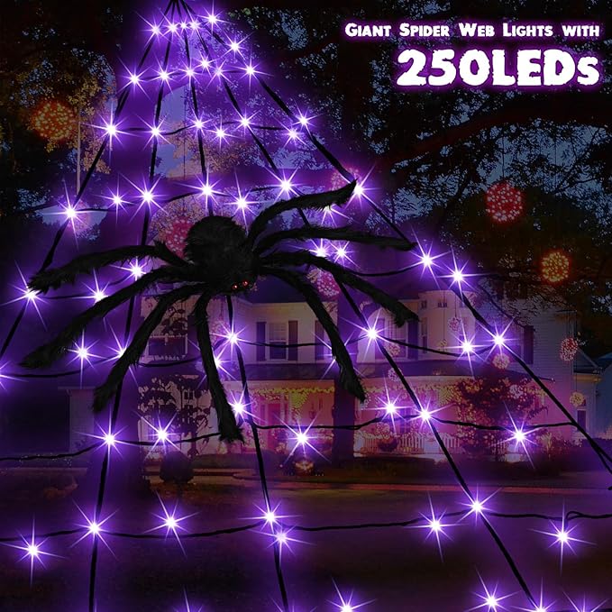 Halloween Decorations Outdoor, Halloween Spider Web Lights, 19.7FT 250 Purple LED Large Spiders Web with Plush Artificial Spider, 8 Light Modes Waterproof Lighted Decor for Yard, Haunted House