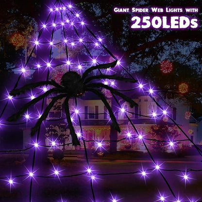 Halloween Decorations Outdoor, Halloween Spider Web Lights, 19.7FT 250 Purple LED Large Spiders Web with Plush Artificial Spider, 8 Light Modes Waterproof Lighted Decor for Yard, Haunted House