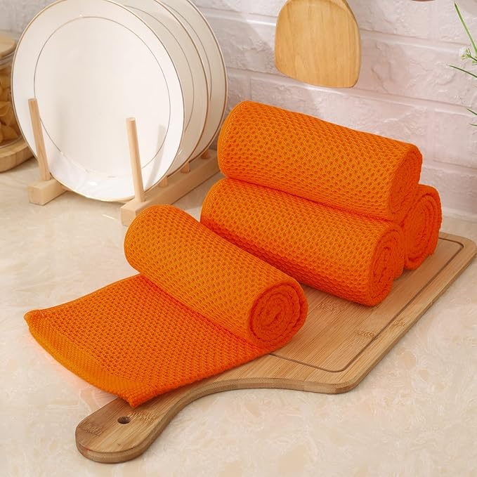 Kitinjoy 100% Cotton Waffle Weave Kitchen Towels, 4-Pack Super Soft and Absorbent Dish Towels for Drying Dishes, Kitchen Hand Towels, 13 in x 28 in, Orange