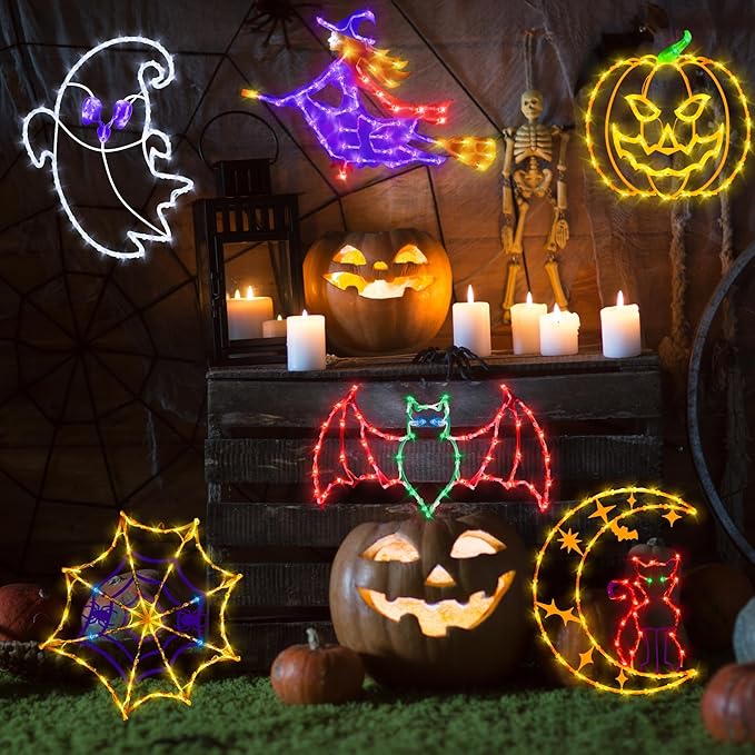 16" Halloween Window Silhouette Lights Decorations - 6 Pack Colour Lighted Cat on Moon ＆ Ghost ＆ Spider Web ＆ Pumpkin ＆ Witch ＆ Bat for Holiday Indoor and Outdoor Wall Door Window Decorate