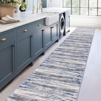 KOZYFLY Modern Abstract Washable Rug Runner 2.6x18 Hallway Rug Runner Non-Slip Soft Kitchen Runner Rugs, Grey-Blue Striped Carpet for Entryway Bathroom Laundry Room Foyer