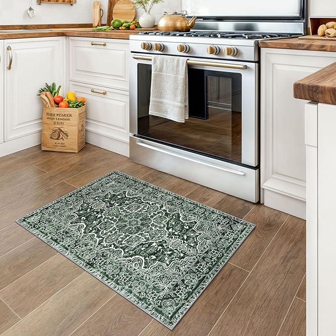 KUTA Vintage Small Area Rug 2x3 Dark Green Washable Entryway Rugs Non-Slip Ultra Soft Printed Floral Rug Doormat Accent Farmhouse Kitchen Throw for Entrance Bedroom Nursery
