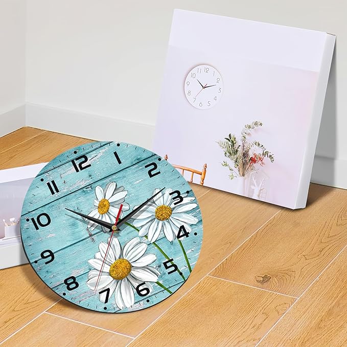 Daisy Flowers Wall Clock Vintage Wooden Wall Clock Silent Non-Ticking Battery Operated Arabic Numerals Wall Clocks Decorative for Kitchen, Office, Classroom 10 Inch