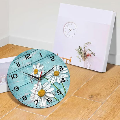 Daisy Flowers Wall Clock Vintage Wooden Wall Clock Silent Non-Ticking Battery Operated Arabic Numerals Wall Clocks Decorative for Kitchen, Office, Classroom 10 Inch