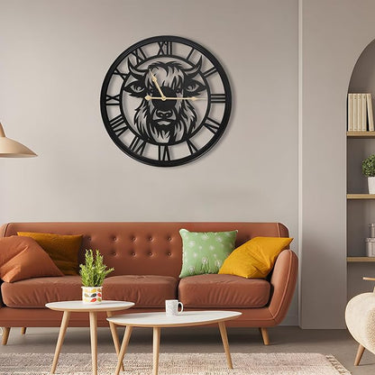 Wall Clocks Battery Operated, Large Slient Black Metal Decorative Wall Clock,Big Oversized Wall Clocks for Living Room Decor,Bedroom, Kitchen (Highland Bull Wall Clock, 30 Inch)