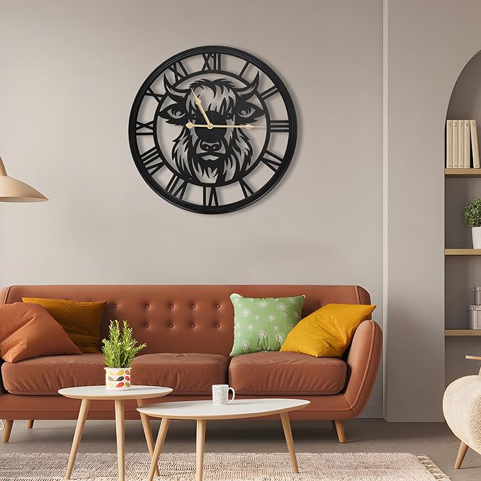 16inch Wall Clocks Battery Operated, Large Slient Black Metal Decorative Wall Clock,Wall Clocks for Living Room Decor,Bedroom, Kitchen, Dining Room (Highland Bull Wall Clock, 16 Inch)