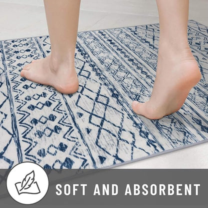 KUTA Moroccan Washable Hallway Runner Rug, 2x8 Non-Slip Vintage Blue White Boho Kitchen Rugs Ultra Soft Print Distressed Geometric Floor Carpet Runners for Bedroom Laundry Living Room