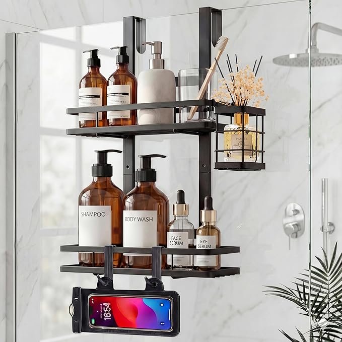 Over the Door Shower Caddy Hanging, Rustproof Shower Shelves with Waterproof Phone Pouch, 2-Tier Adjustable Bathroom Organizers and Storage, No Drilling Shower Shelf, Black Shampoo Soap Holder