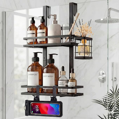 Over the Door Shower Caddy Hanging, Rustproof Shower Shelves with Waterproof Phone Pouch, 2-Tier Adjustable Bathroom Organizers and Storage, No Drilling Shower Shelf, Black Shampoo Soap Holder