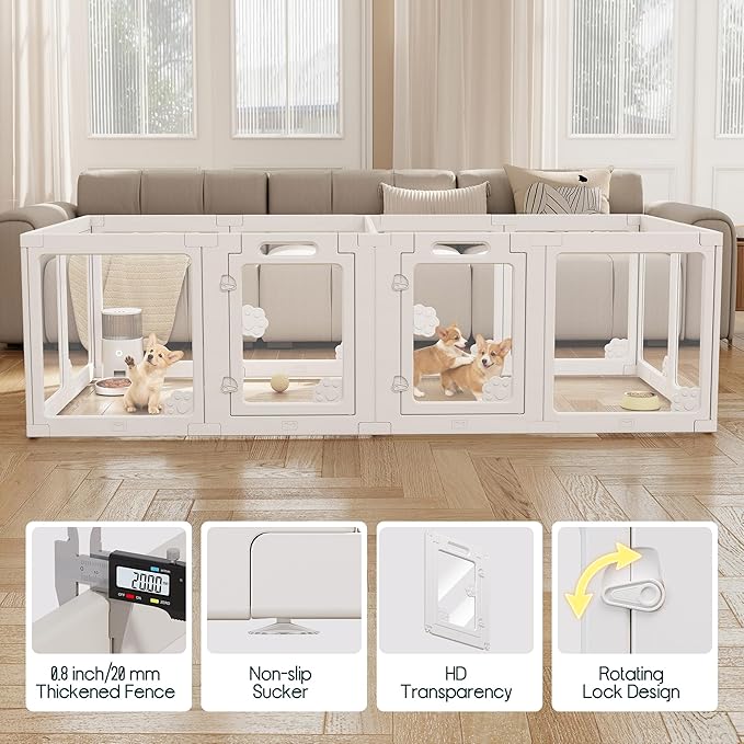 Albott Acrylic Clear Dog Playpen Indoor, Modular Puppy Cat Small Pet Play Pen with 2 Doors, Transparent Fence for Little Dogs, Cats, Rabbits, Easy Assemble and Disassemble, White (24" H, 14 pcs)