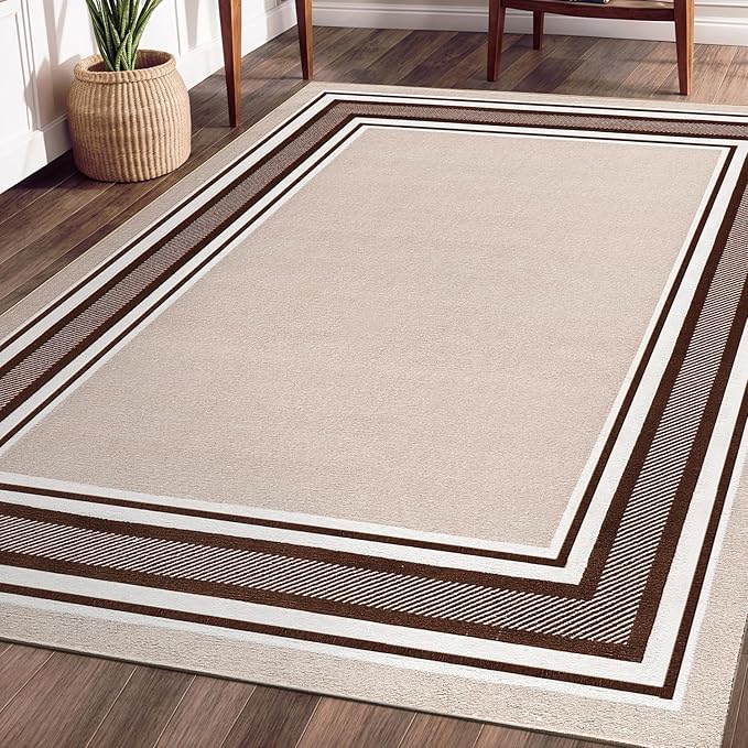 Beverly Rug Non Slip Area Rugs 8x10 Modern Bordered Non Skid Rubber Backing Soft Area Rug for Living Dining Room Easy to Clean Non Shedding Kitchen Bedroom Indoor Carpet 8 x 10 Beige-Brown