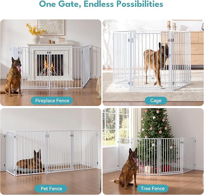No Pawblems Free Standing Dog Gate with Door, 36'' Tall Foldable Dog Fence for Indoor & Outdoor, Up to 156 Inch Extra Wide Puppy Gate for Stairs, Hallways, Doorways, Deck, Yard (White, 6 Panels)
