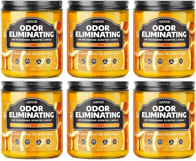 AOOVOO 6 Pack Citrus Lemon Odor Eliminating Highly Fragranced Candle - Eliminates 95% of Pet, Smoke, Food, and Other Smells Quickly, Air Freshing Soy Candle