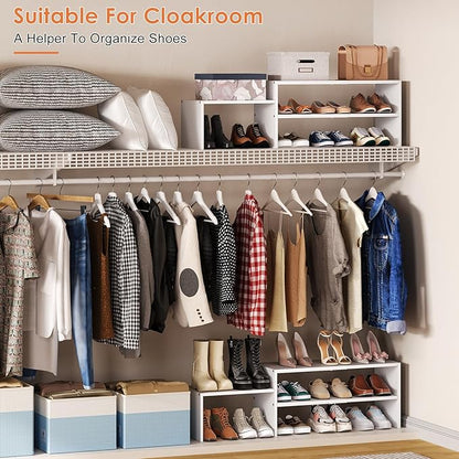 44.6 Inches Expandable White Shoe Rack Organizer for Closet,Adjustable Small Shoe Storage Shelves,Metal Wood Combination Shoe Shelf Stand Holder for Closets,Entryway,Front Door,Narrow Space,10-13 Pair