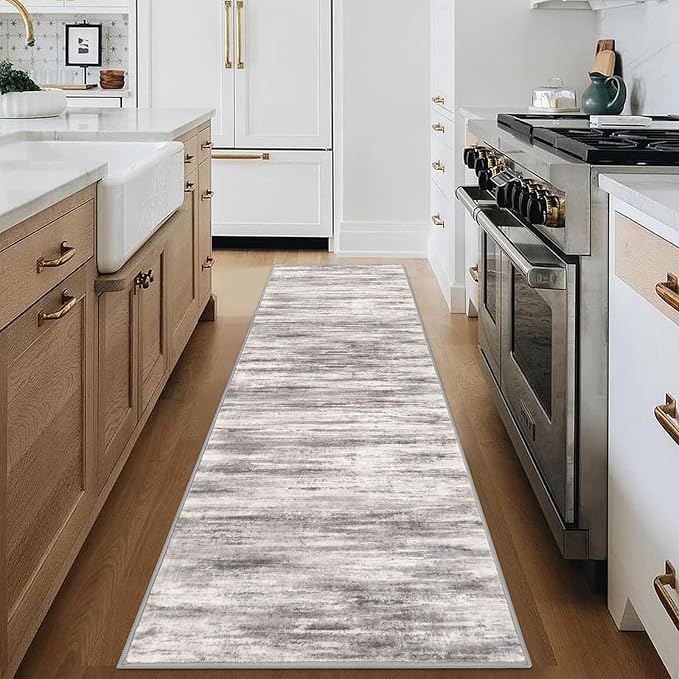 KOZYFLY Modern Abstract Hallway Runner Rug, 2.6x8 Washable Rug Runner Non-Slip Soft Striped Kitchen Runner Rugs, Print Grey Beige Carpet Runner for Entryway Bathroom Laundry Room Foyer