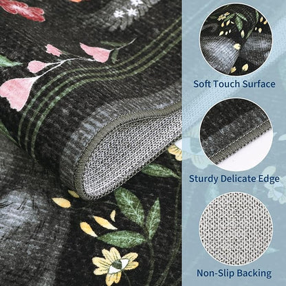 GarveeHome Cat Entryway Rug, 2x3 Mushroom Insect Black Washable Front Door Rug Indoor Entrance Floral Carpet Non-Slip Low Pile Throw Rugs for Kitchen Floor, Powder Room, Entry, Bathroom, Kids Room