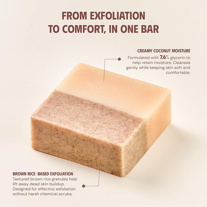 Brown Rice & Coconut Milk 2-in-1 Luxurious Natural Soap Bar (4.2 oz) | Gentle Exfoliation & Nourishing Cleanse | Cold-Processed, Handmade in Vietnam for Smooth, Fresh Skin (Pack of 1)