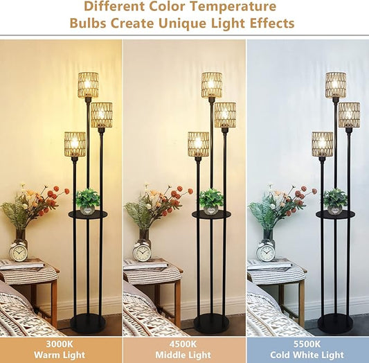 Boho Floor Lamp with Shelves, 3-Lights Farmhouse Tall Floor Lamp with ON/Off Foot Switch, Rustic Standing Lamp with Rattan Shades for Living Room Bedroom Office