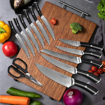 Damascus Knife Block Set,Sharp Knife Set,Ergonomic Non-slip Handle,Chef Knife Set with Built-in Sharpener,Luxury Gift for Holiday(Silver,14PCS)