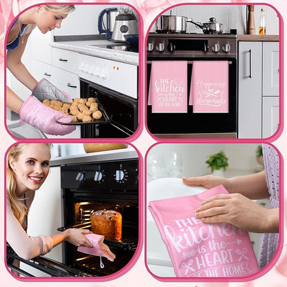 Sratte 6 Pcs Kitchen Decor Accessories Set Farmhouse Towels Pot Holders Oven Mitts Set 2 Dish Towels 2 Potholders 2 Cooking Mittens Oven Glove for Christmas Baking Cooking Supply(Pink,Kitchen)