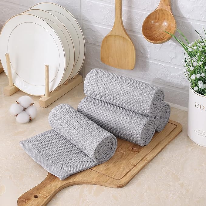 Kitinjoy 100% Cotton Waffle Weave Kitchen Dish Towels, 4-Pack Super Soft and Absorbent Kitchen Towels, 13 in x 28 in, Light Grey