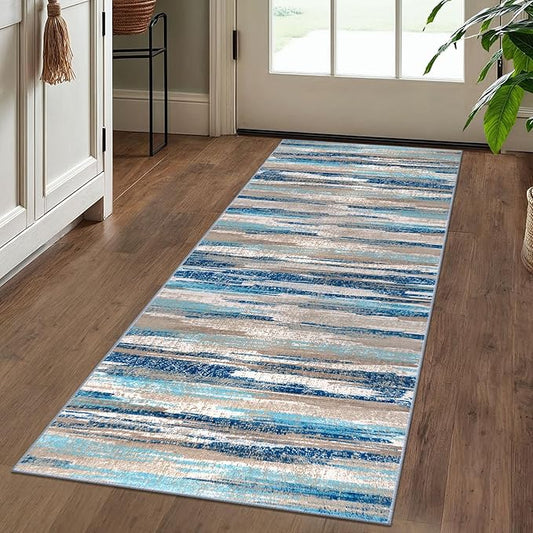 Modern Abstract Runner Rug 2x5, Blue Washable Entryway Kitchen Runner Non-Slip Soft Hallway Rug Runner Thin Print Faux Wool Carpet for Bedroom Laundry Room Indoor