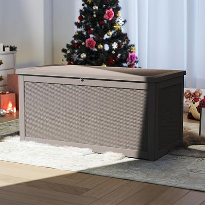 320 Gallon Outdoor Storage Box Waterproof, Resin Deck Boxes with Lockable Lid & UV-Resistant for Patio, Pool, Garden Furniture Cushions & Accessories, Coffee