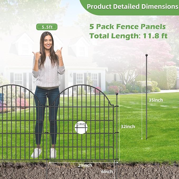 Decorative Metal Garden Fence 5 Panels, 32in (H) x 11.8ft (L) No Dig Dog Fence Outdoor for Yard, Temporary Rustproof Metal Wire Rabbit Dog Garden Border Fencing for Patio