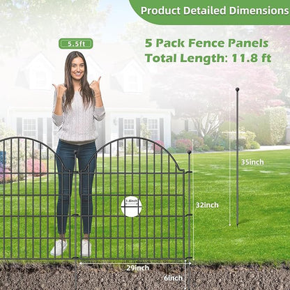 Decorative Metal Garden Fence 5 Panels, 32in (H) x 11.8ft (L) No Dig Dog Fence Outdoor for Yard, Temporary Rustproof Metal Wire Rabbit Dog Garden Border Fencing for Patio