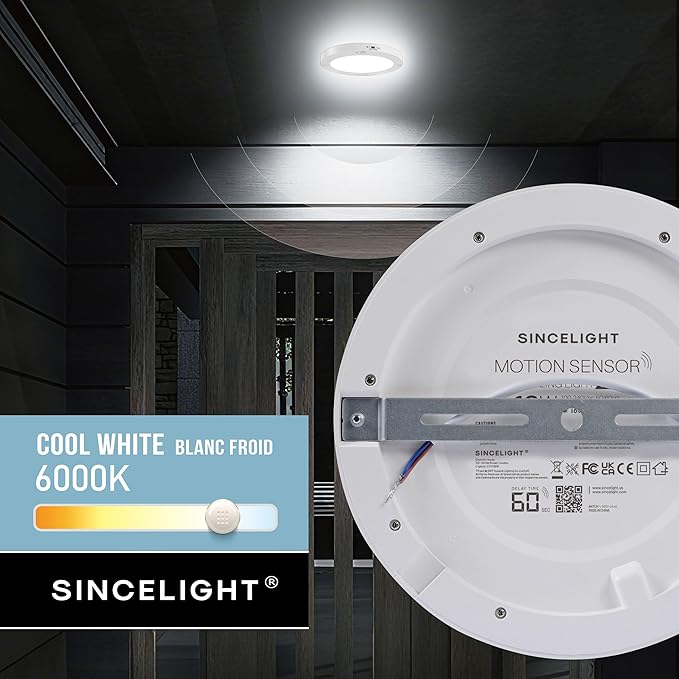 SINCELIGHT PIR Motion Sensor 18W LED Ceiling Light (Φ9''/220mm), Automatically ON/Off, Movement Activated, Dual Mode Turnable, Cool White 6000K, Surface/Flush Mount for Hallway,Porch, Pack of 1