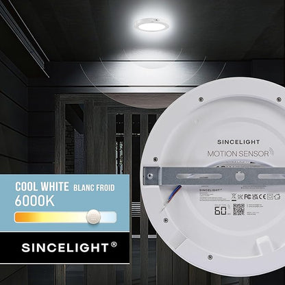 SINCELIGHT PIR Motion Sensor 18W LED Ceiling Light (Φ9''/220mm), Automatically ON/Off, Movement Activated, Dual Mode Turnable, Cool White 6000K, Surface/Flush Mount for Hallway,Porch, Pack of 1