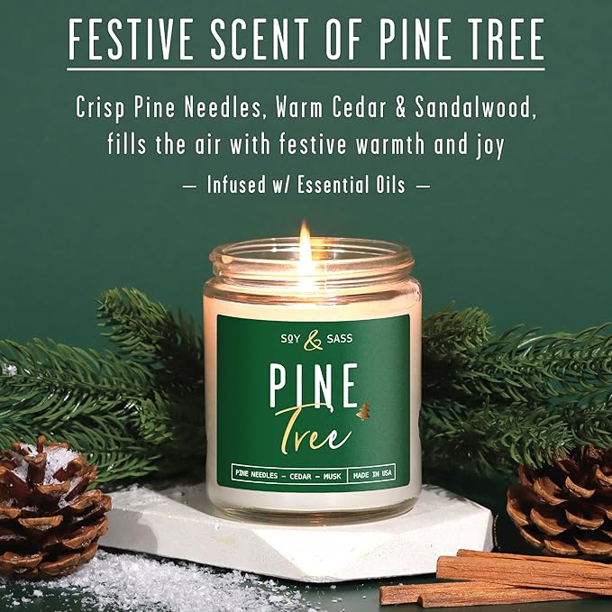Pine Candle, Pine Scented Candles, Christmas Candles Scented - 'Pine Tree' Soy Candle, w/Fir Needles, Warm Cedar & Sandalwood - Infused with Essential Oils I 9oz, 50 Hour Burn, Handmade in USA