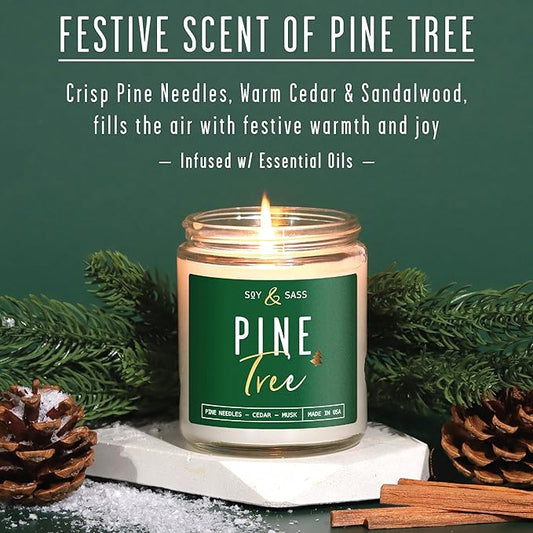 Pine Candle, Pine Scented Candles, Christmas Candles Scented - 'Pine Tree' Soy Candle, w/Fir Needles, Warm Cedar & Sandalwood - Infused with Essential Oils I 9oz, 50 Hour Burn, Handmade in USA