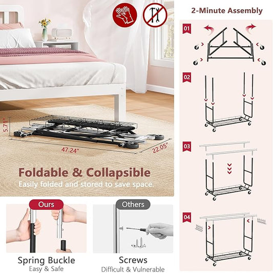 Hoctieon 2-Minute Assembly Double Rod Clothes Rack, Heavy Duty Rolling Clothing Racks with Wheels, Foldable Commercial Garment Rack, Extendable Hanging Bar, Adjustable Metal Pole with Hooks, Black