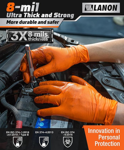 LANON 8mil Orange Disposable Nitrile Gloves, Mechanic, Heavy Duty, Food Safe, Latex Free, Powder Free, Fully-Diamond Textured, XXL